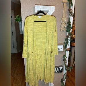 LuLaRoe Sarah Long Cardigan Duster Yellow Gray Space Dyed Women’s Size Large